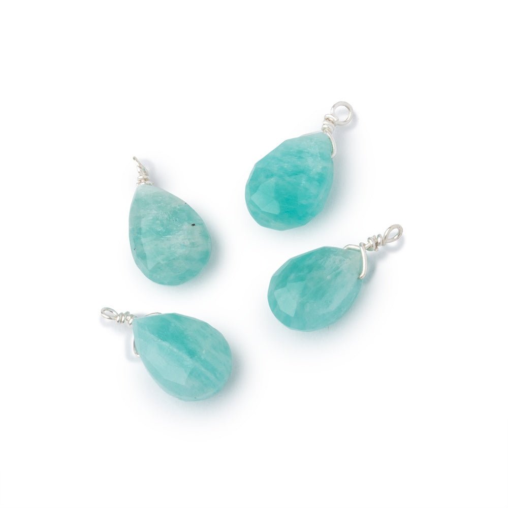 Set of 4 Sterling Silver Wire Wrapped 9x6mm Amazonite Faceted Pear Focals (ONLINE ORDER ONLY)