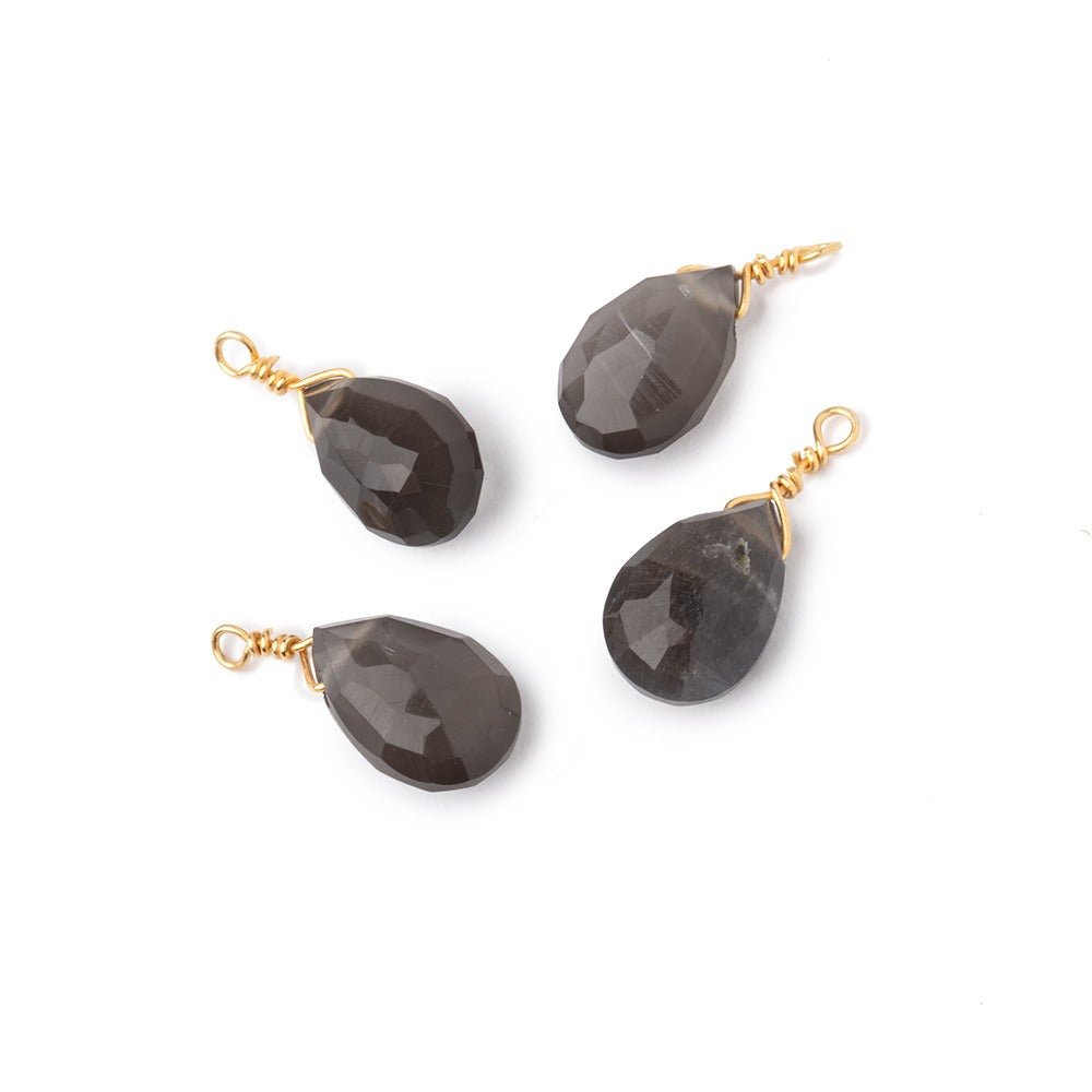 Set of 4 Vermeil Wire Wrapped 9x6mm Gray Moonstone Faceted Pear Focals (ONLINE ORDER ONLY)