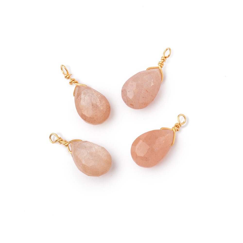 Set of 4 Vermeil Wire Wrapped 9x6mm Peach Moonstone Faceted Pear Focals (ONLINE ORDER ONLY)
