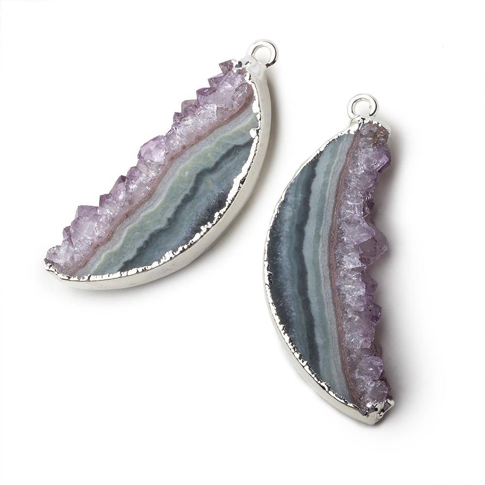 Silver Leafed Amethyst & Matrix Half Moon Drusy Pendant Set of 2 pieces 34x15x5.5mm  A Grade (ONLINE ORDER ONLY)