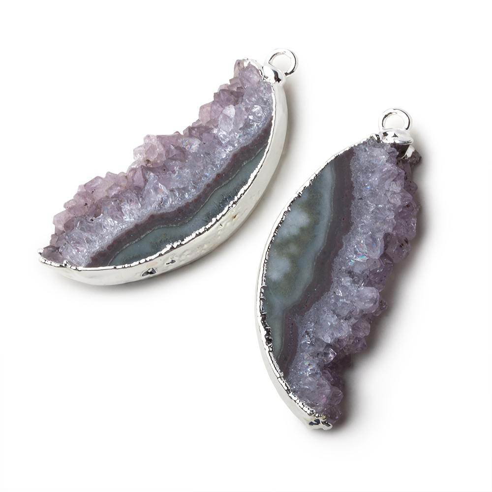 Silver Leafed Amethyst & Matrix Half Moon Drusy Pendant Set of 2 pieces 35x14x6mm  A Grade (ONLINE ORDER ONLY)