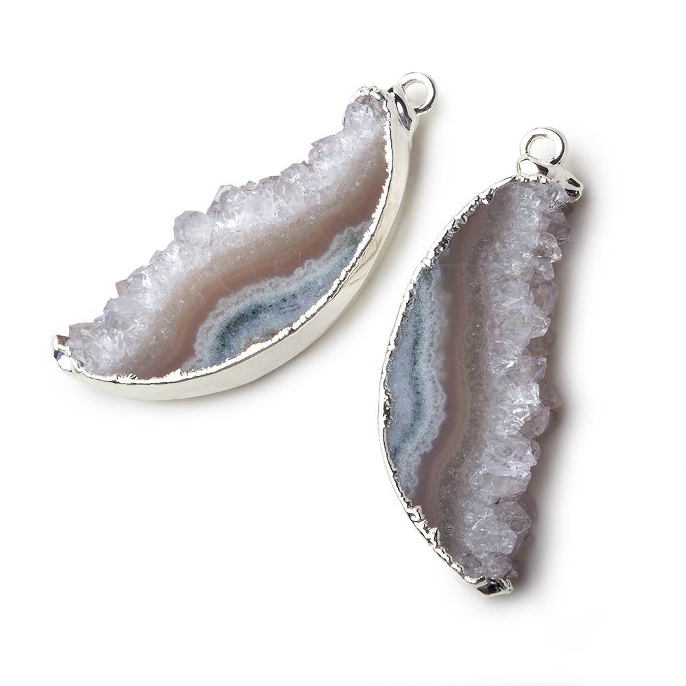 Silver Leafed Amethyst & Matrix Half Moon Drusy Pendant Set of 2 pieces 36x14x6mm  A Grade (ONLINE ORDER ONLY)