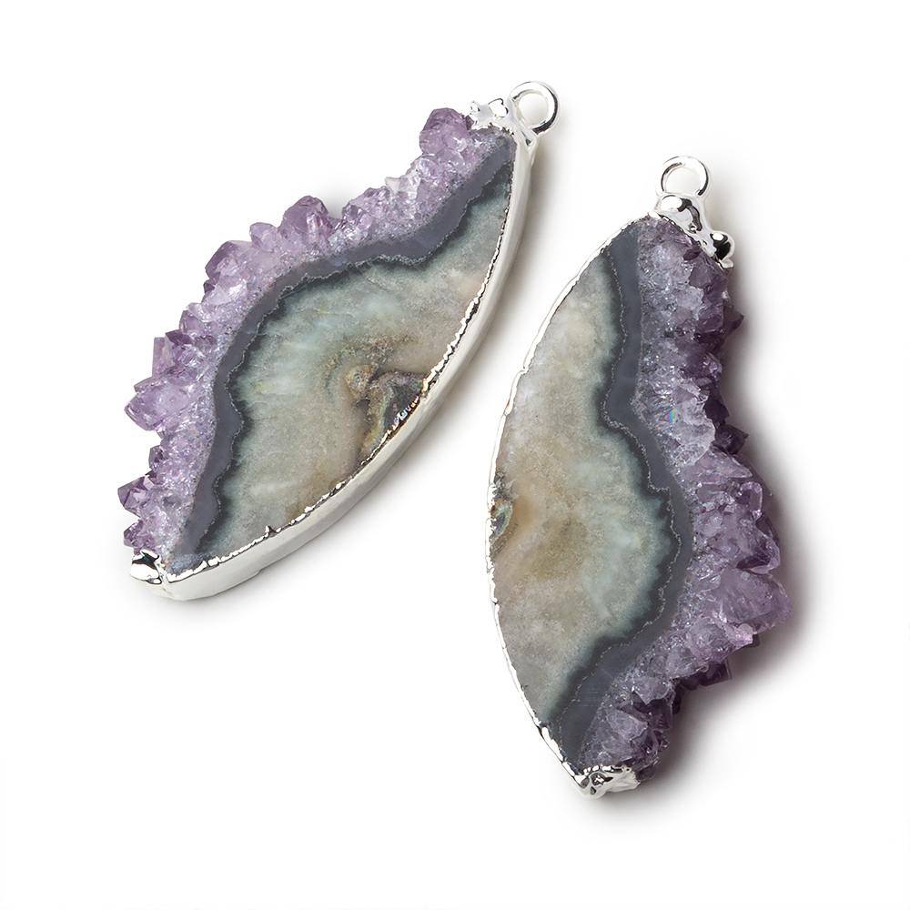 Silver Leafed Amethyst & Matrix Half Moon Drusy Pendant Set of 2 pieces 38x18x5.5mm  A Grade (ONLINE ORDER ONLY)
