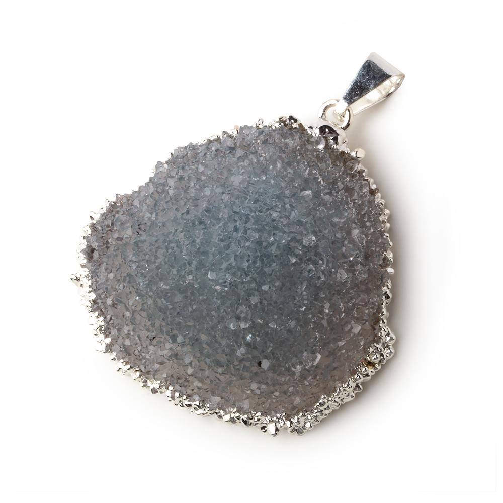 Silver Leafed Blue Grey Convex Drusy Pendant with Bail 1 focal bead 33x36x16mm  A Grade (ONLINE ORDER ONLY)