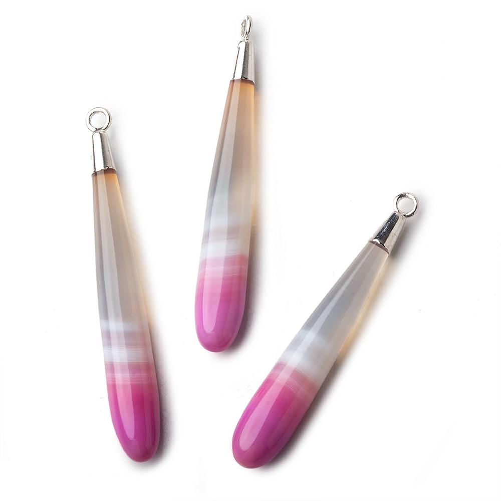 Silver Leafed Hot Pink Banded Agate tear drop Pendant 1 focal bead 40x7mm (ONLINE ORDER ONLY)