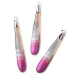 Silver Leafed Hot Pink Banded Agate tear drop Pendant 1 focal bead 40x7mm (ONLINE ORDER ONLY)