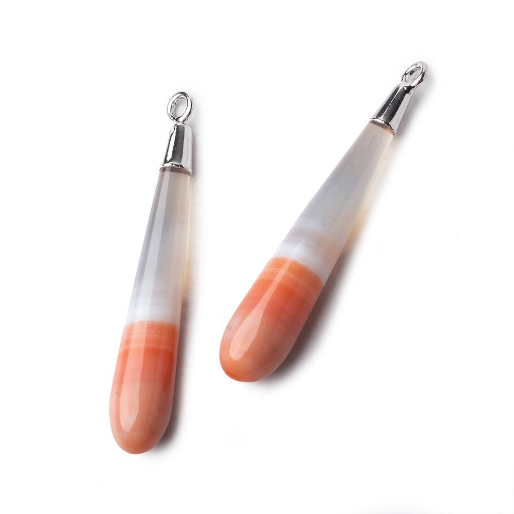 Silver Leafed Salmon Orange Banded Agate tear drop Pendant 1 focal bead 35x6mm (ONLINE ORDER ONLY)