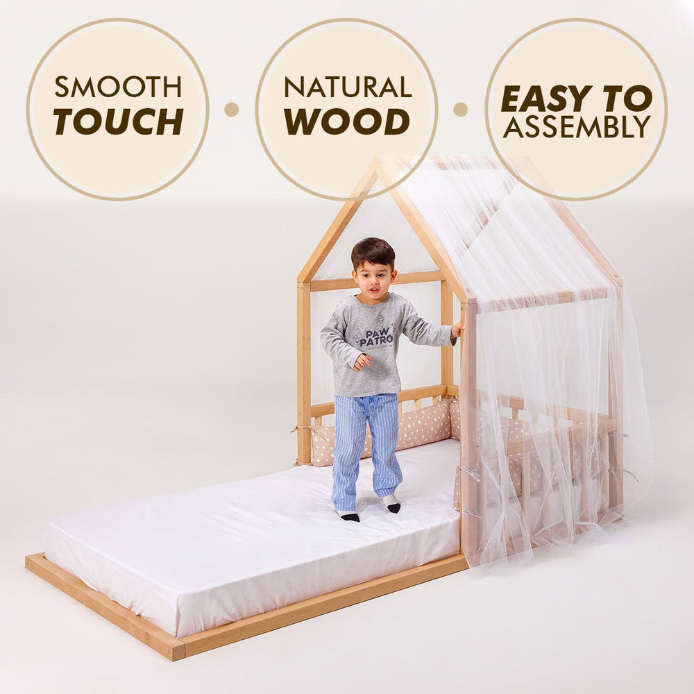 Wooden Montessori House Floor Bed with Fence and Roof for Kids (190x90 cm) (ONLINE ORDER ONLY)