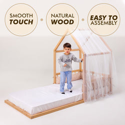 Wooden Montessori House Floor Bed with Fence and Roof for Kids (190x90 cm) (ONLINE ORDER ONLY)