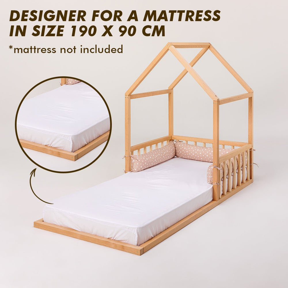 Wooden Montessori House Floor Bed with Fence and Roof for Kids (190x90 cm) (ONLINE ORDER ONLY)