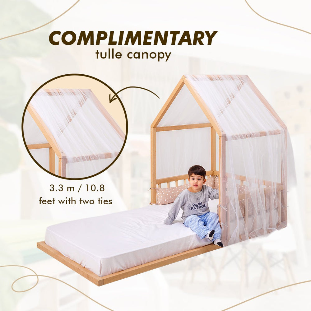 Wooden Montessori House Floor Bed with Fence and Roof for Kids (190x90 cm) (ONLINE ORDER ONLY)