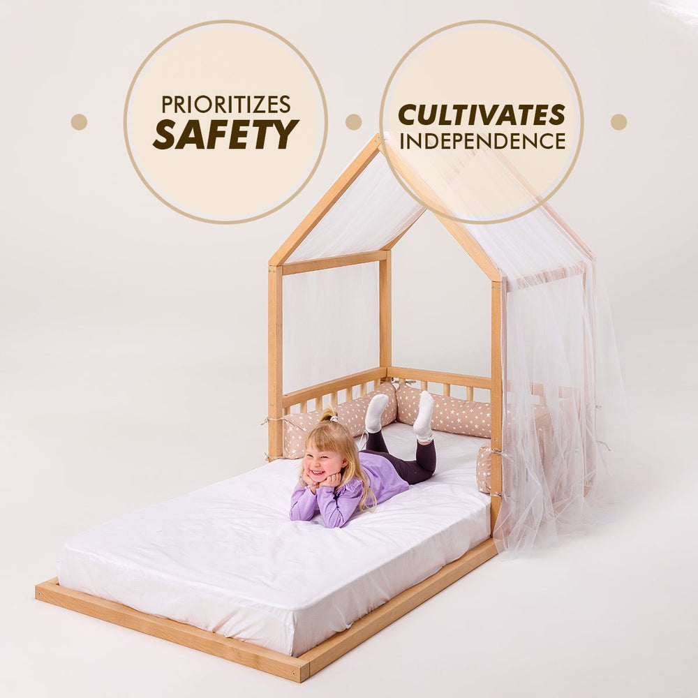 Wooden Montessori House Floor Bed with Fence and Roof for Kids (190x90 cm) (ONLINE ORDER ONLY)