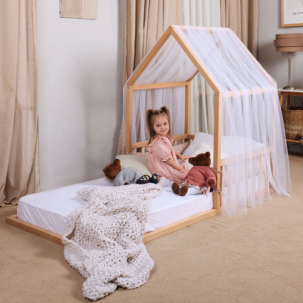 Wooden Montessori House Floor Bed with Fence and Roof for Kids (190x90 cm) (ONLINE ORDER ONLY)