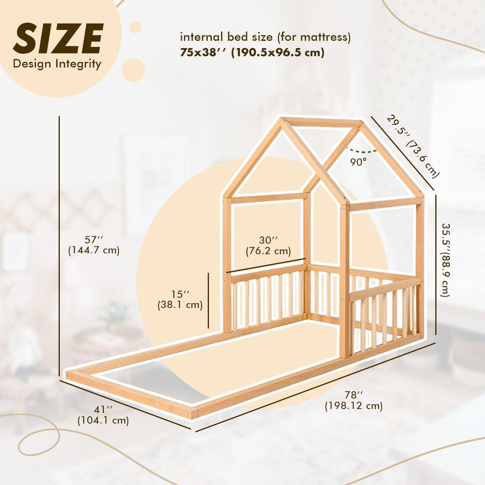 Small Wooden Montessori House Floor Bed with Fence and Roof for Kids (75x38 inch) (ONLINE ORDER ONLY)