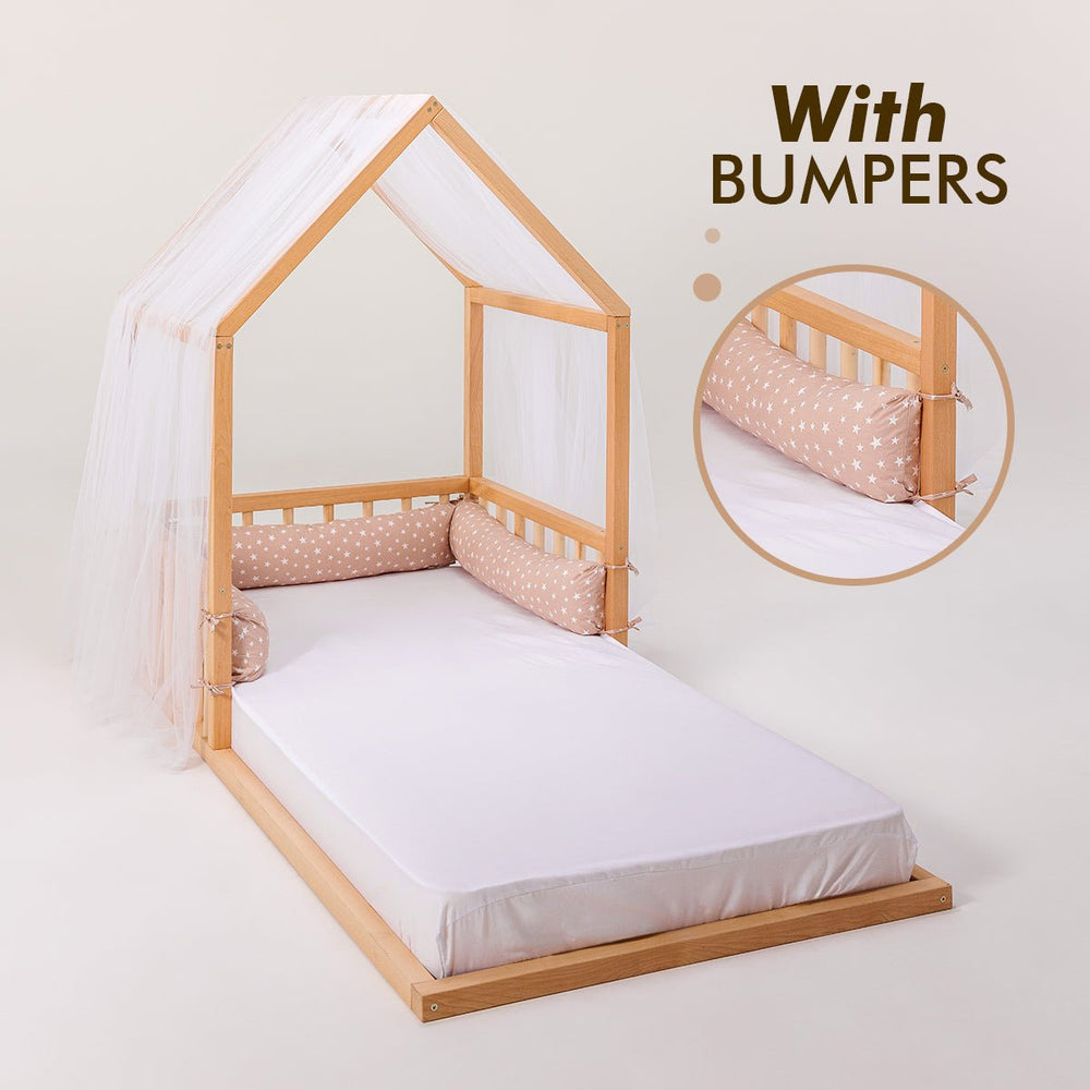 Wooden Montessori House Floor Bed with Fence and Roof for Kids (190x90 cm) (ONLINE ORDER ONLY)