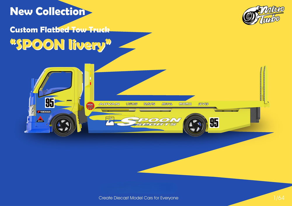 MicroTurbo HINO 300 Custom Flatbed Tow Truck Spoon Livery 1:64 (ONLINE ORDER ONLY)