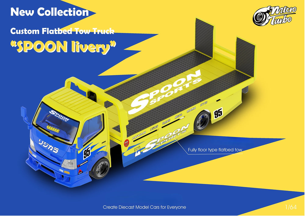 MicroTurbo HINO 300 Custom Flatbed Tow Truck Spoon Livery 1:64 (ONLINE ORDER ONLY)