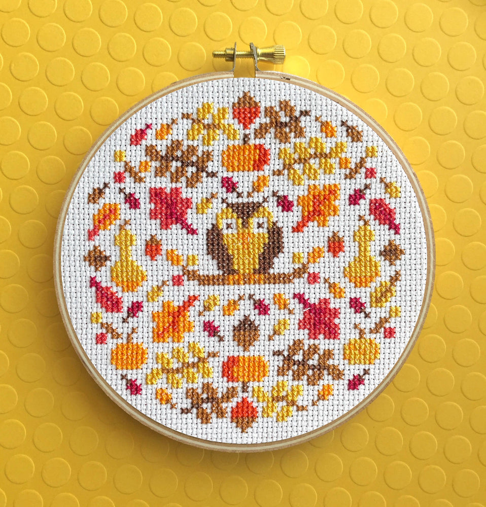 Autumn Mood Cross Stitch Kit – 5” Owl & Fall Foliage Design (ONLINE ORDER ONLY)
