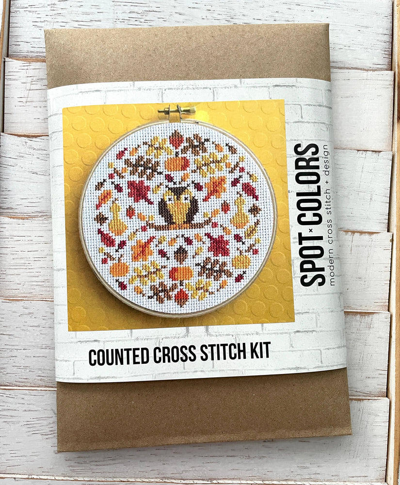 Autumn Mood Cross Stitch Kit – 5” Owl & Fall Foliage Design (ONLINE ORDER ONLY)