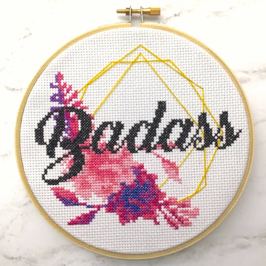 Badass Cross Stitch Kit – Sparkly Gold Thread with Floral Design (6”) (ONLINE ORDER ONLY)