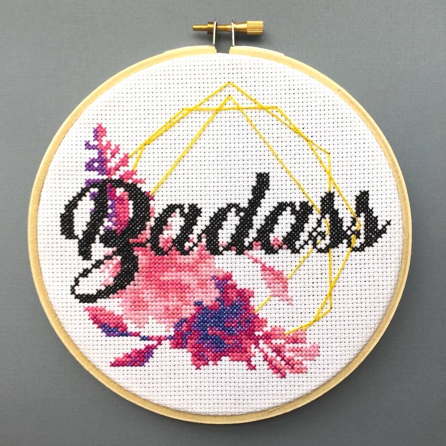 Badass Cross Stitch Kit – Sparkly Gold Thread with Floral Design (6”) (ONLINE ORDER ONLY)