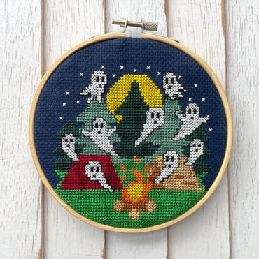 Campfire Stories Cross Stitch Kit – Spooky Campfire Ghost Scene (5”) (ONLINE ORDER ONLY)