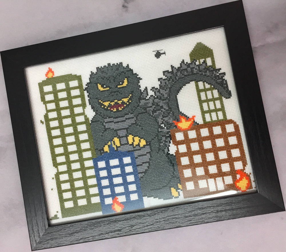 Monster Mayhem Cross Stitch Kit – Giant Monster City Design (8"x10") (ONLINE ORDER ONLY)