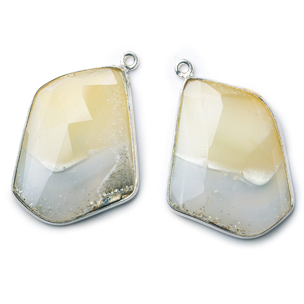 Sterling Silver Bezel Cream Agate Faceted Freeform Shape Set of 2 Pendants 33x26mm (ONLINE ORDER ONLY)