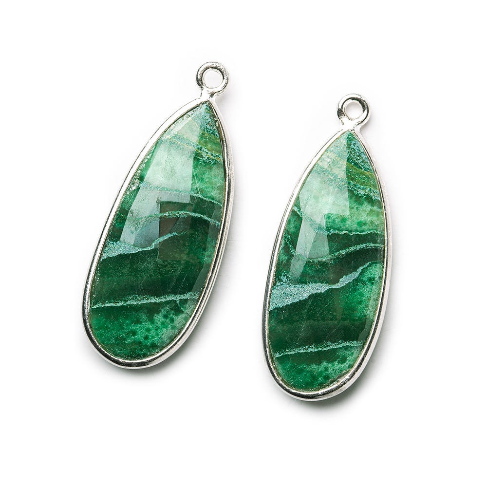Sterling Silver Bezel Dyed Green Agate Elongated Faceted Pear Set of 2 Pendants 28x18mm (ONLINE ORDER ONLY)