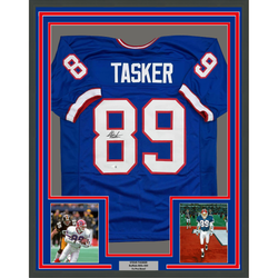 Framed Autographed/Signed Steve Tasker 35x39 Buffalo Blue Football Jersey JSA COA