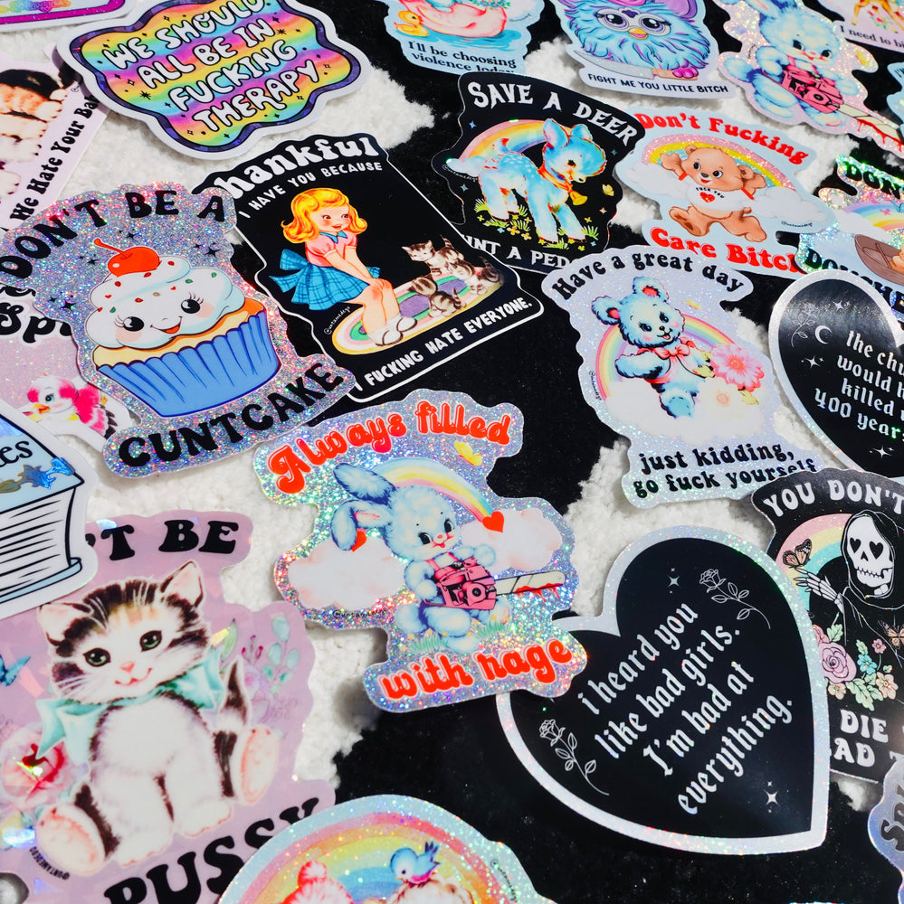 Always Filled with Rage Waterproof Vinyl Sticker – Holographic Funny Bunny Chainsaw Decal (Online Order Only)