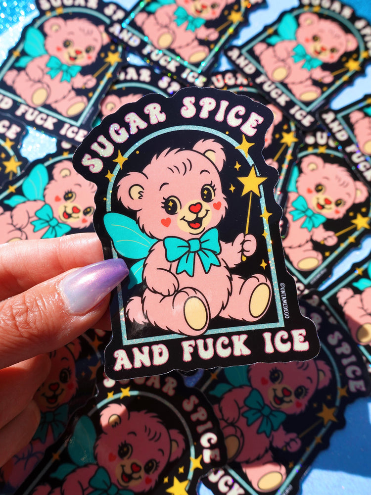 Sugar Spice and F*ck ICE Sticker – Retro Kawaii Bear Protest Vinyl Sticker – Anti-ICE Political Statement – Cute but Revolutionary Sticker (ONLINE ORDER ONLY)