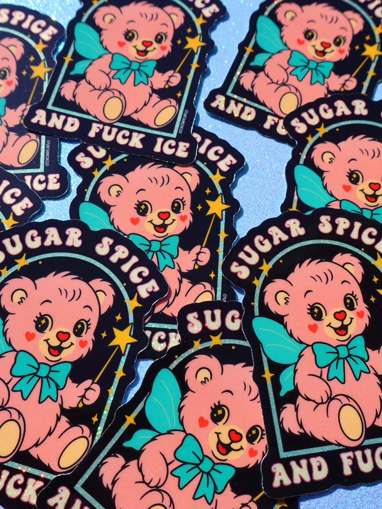 Sugar Spice and F*ck ICE Sticker – Retro Kawaii Bear Protest Vinyl Sticker – Anti-ICE Political Statement – Cute but Revolutionary Sticker (ONLINE ORDER ONLY)