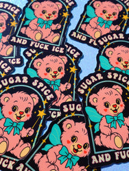 Sugar Spice and F*ck ICE Sticker – Retro Kawaii Bear Protest Vinyl Sticker – Anti-ICE Political Statement – Cute but Revolutionary Sticker (ONLINE ORDER ONLY)
