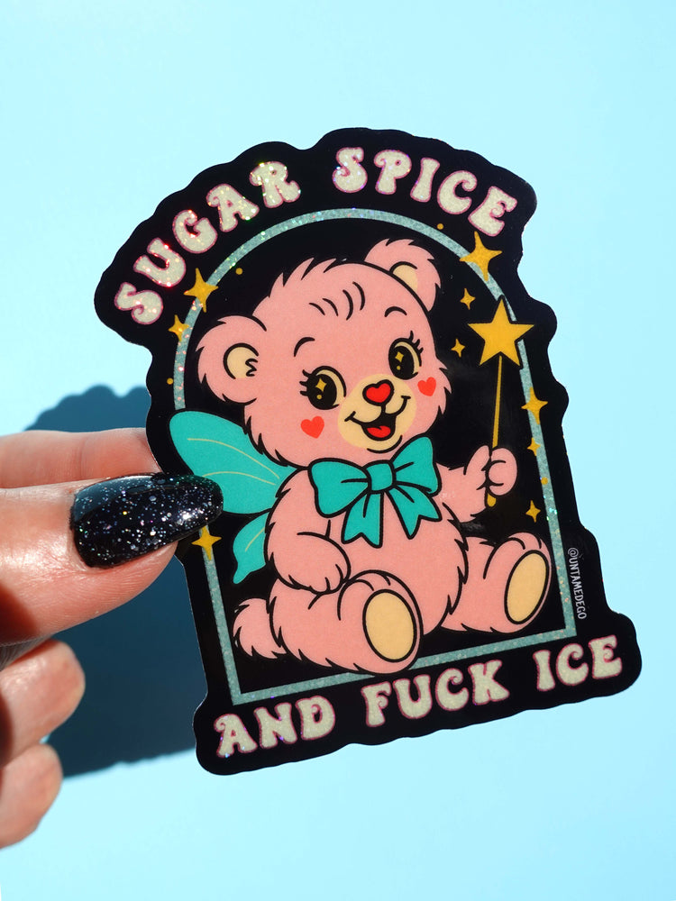 Sugar Spice and F*ck ICE Sticker – Retro Kawaii Bear Protest Vinyl Sticker – Anti-ICE Political Statement – Cute but Revolutionary Sticker (ONLINE ORDER ONLY)