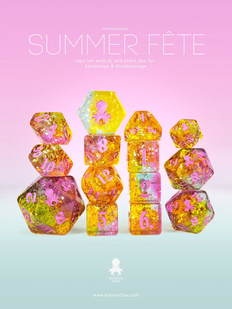 Kraken Dice Summer Fête 14pc TTRPG Dice Set with Pink Ink