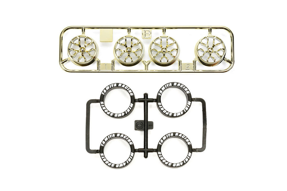 Tamiya JR PL Tire/Plated Wheel Set, Gold Plated (Y-Spoke) 95527 (ONLINE ORDER ONLY)