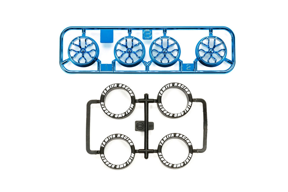 Tamiya JR LP Tire/Plated Wheel Set, Blue Plated (Y-Spoke) 95528 (ONLINE ORDER ONLY)