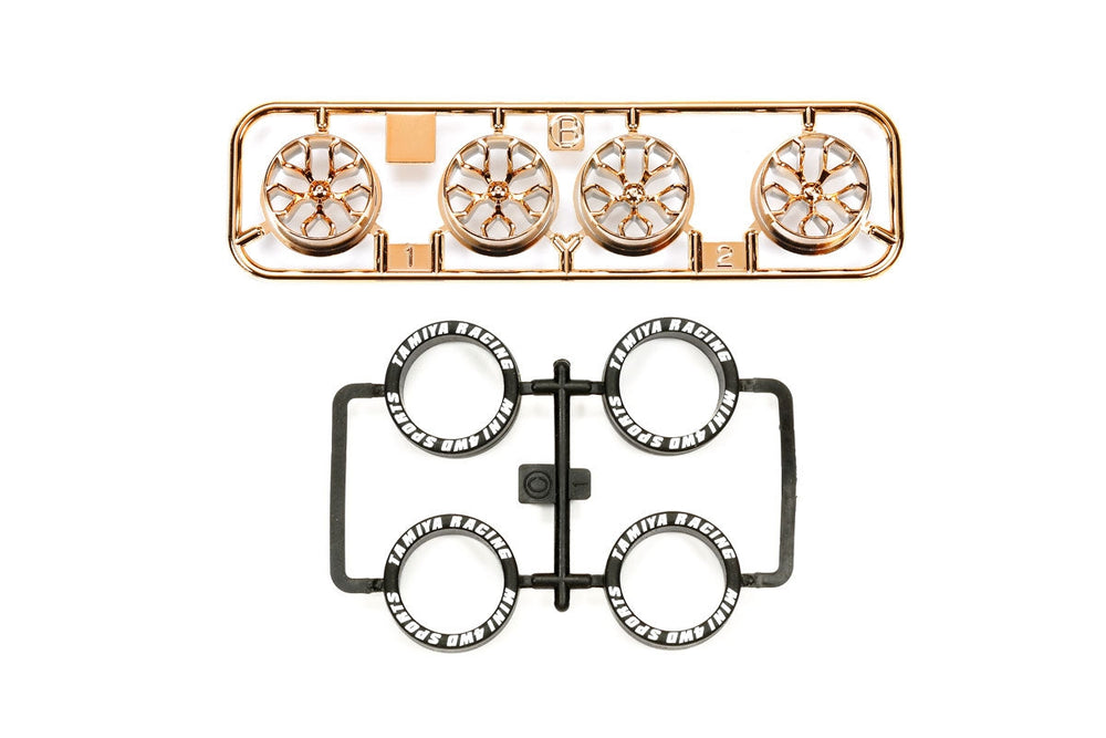 Tamiya JR LP Tire/Plated Wheel Set, Copper Plated (Y-Spoke) 95530 (ONLINE ORDER ONLY)