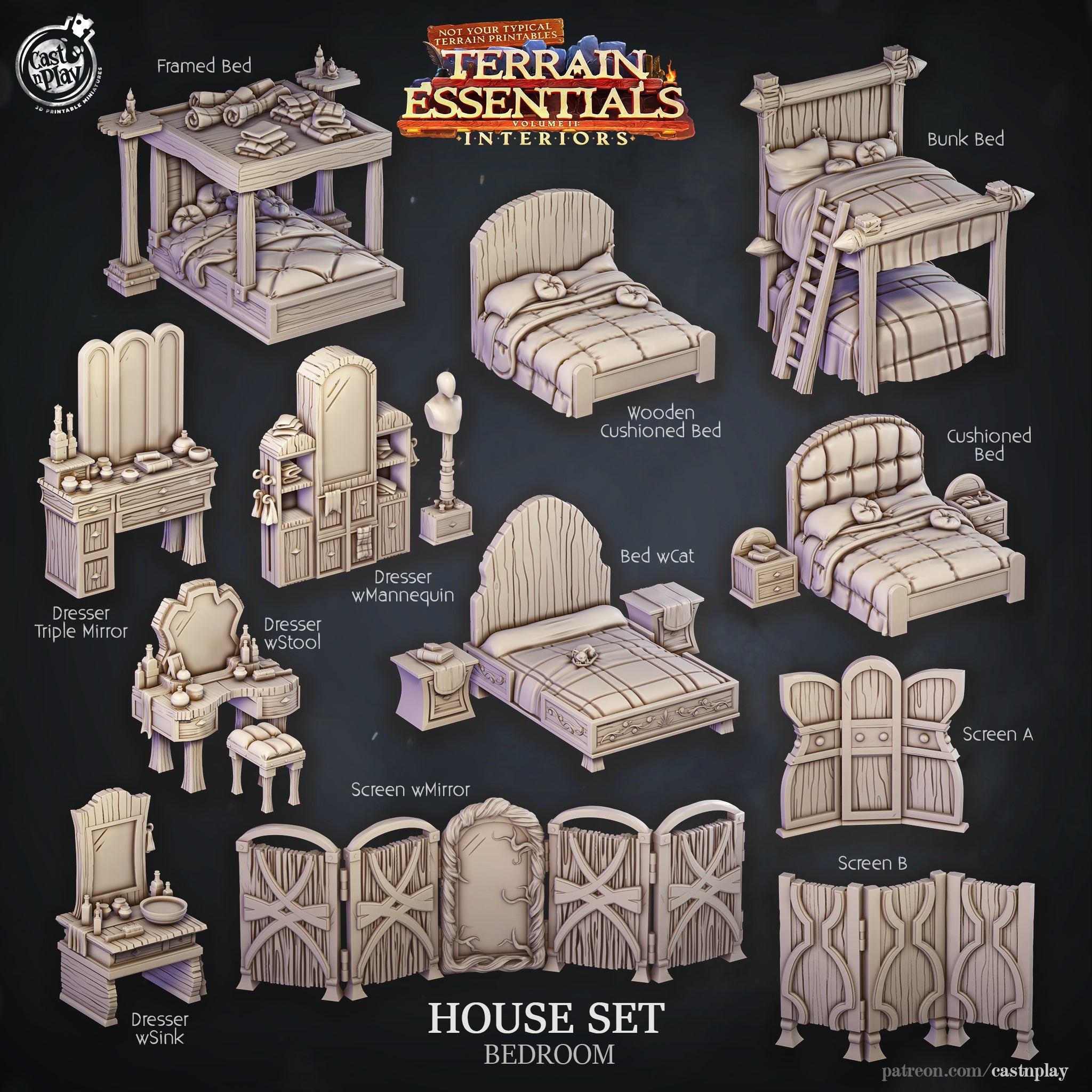 3D Printed Cast n Play House Set Bedroom Terrain Essentials 28mm 32mm D&D (Online Only)
