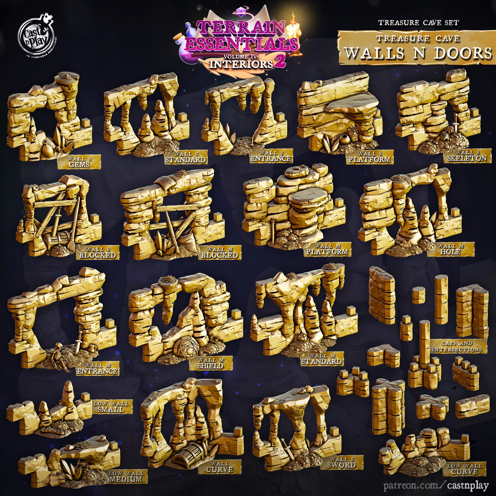 3D Printed Cast n Play Treasure Cave Walls and Doors Set 28mm 32mm D&D (Online Only)