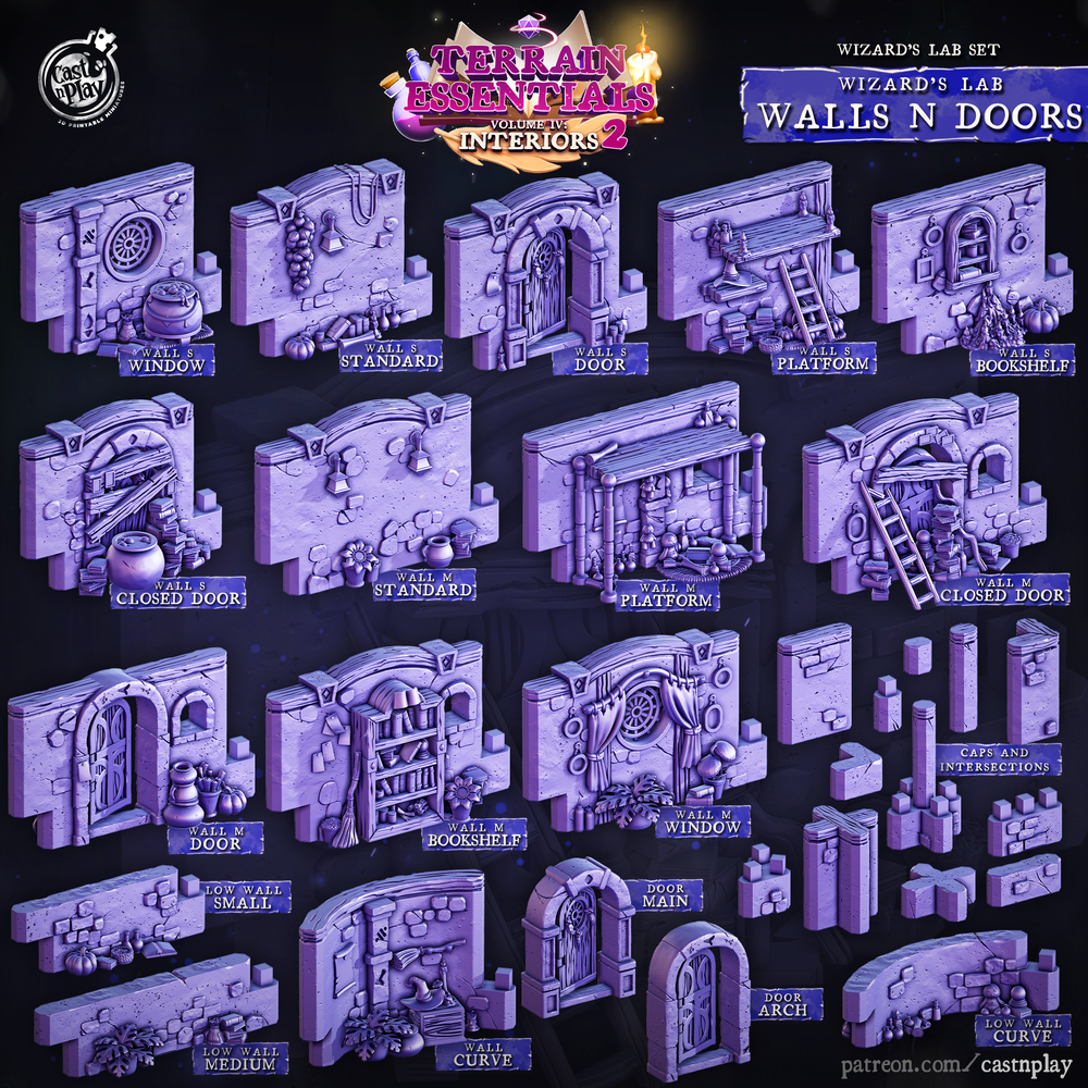 3D Printed Cast n Play Wizard's Lab Doors and Walls Set 28mm 32mm D&D (Online Only)