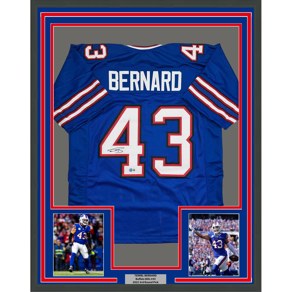 Framed Autographed/Signed Terrel Bernard 35x39 Buffalo Blue Football Jersey Beckett BAS COA