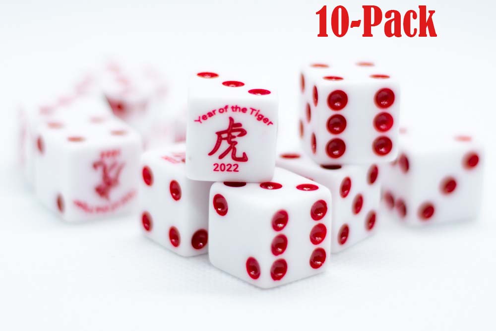 10-Pack Year of the Tiger Opaque White w/Red 16mm d6 Dice on the '1' side (Online Only)