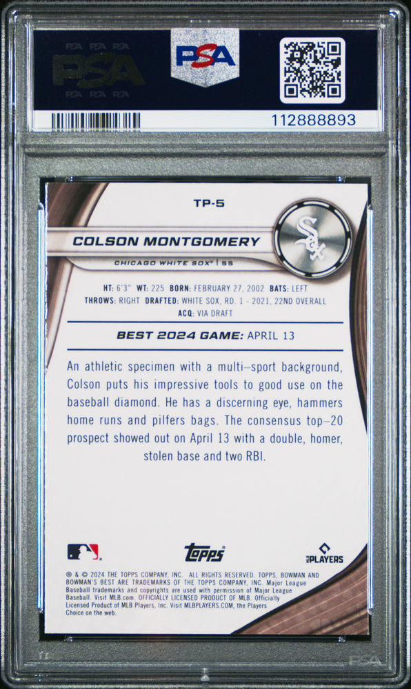 Graded 2024 Topps Bowmans Best Colson Montgomery #TP5 Top Prospects Green Mini Diamond /99 Rookie RC Baseball Card PSA 10 Gem Mint (ONLINE ORDER ONLY)