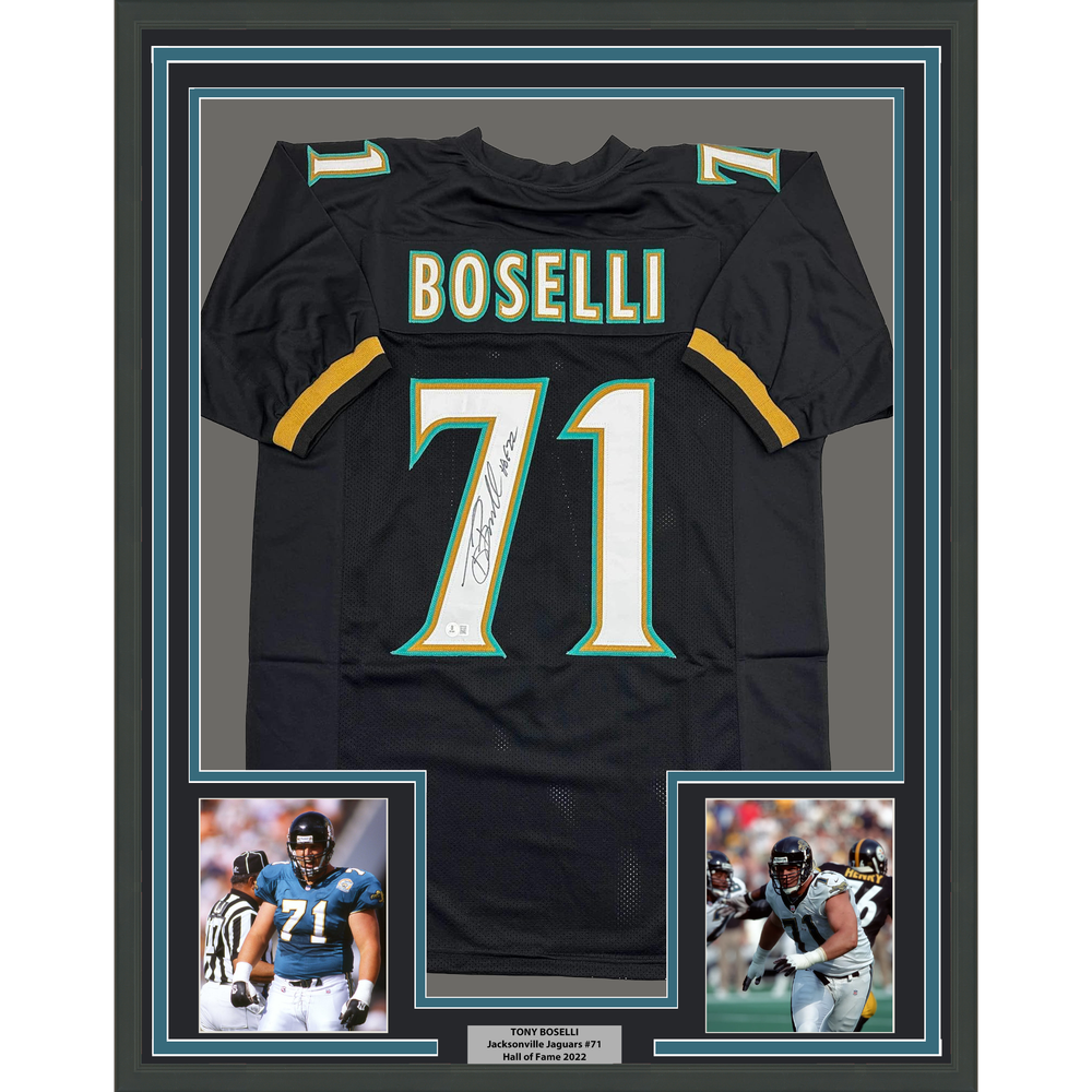 Framed Autographed/Signed Tony Boselli 35x39 HOF 22 Jacksonville Black Football Jersey Beckett BAS COA