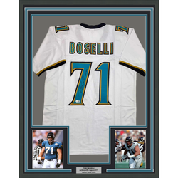Framed Autographed/Signed Tony Boselli 35x39 HOF 22 Jacksonville White Football Jersey Beckett BAS COA