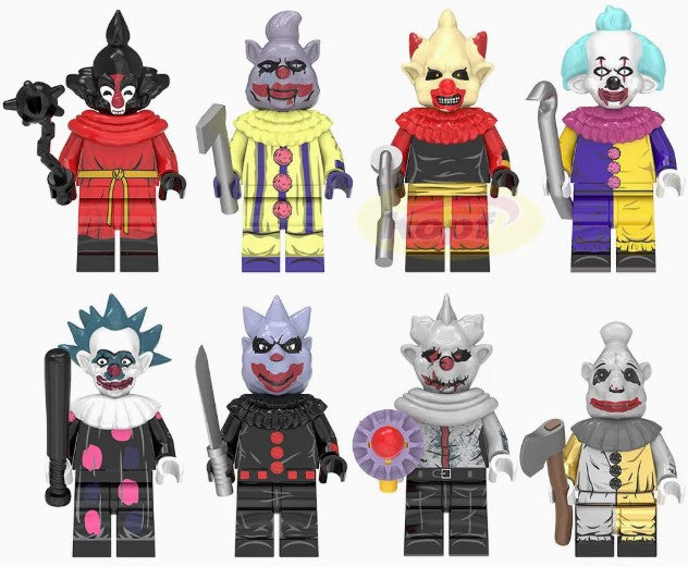 Creepy Carnival Clowns Custom Minifigure Set – 8 Horror Circus Figures (Fan-Made) (ONLINE ORDER ONLY)