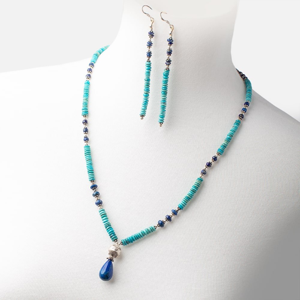 Turquoise and Lapis Lazuli Antiqued Silver Necklace and Earring Set (ONLINE ORDER ONLY)
