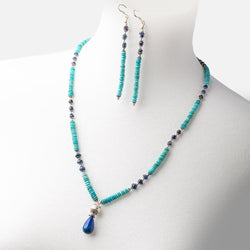 Turquoise and Lapis Lazuli Antiqued Silver Necklace and Earring Set (ONLINE ORDER ONLY)